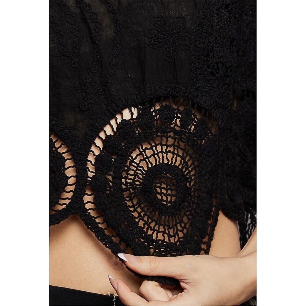 POL Boho Crochet Embroidered Cropped Top OS BlacK Festive Hippie Gypsy Gothic - Picture 10 of 15